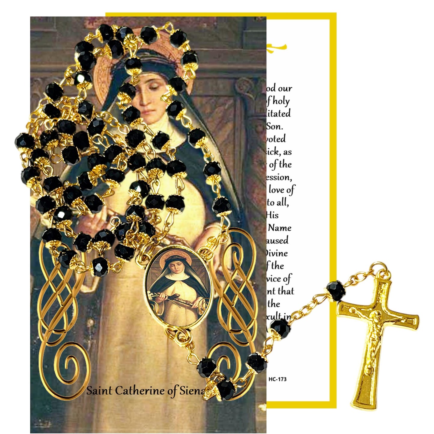 Catherine of Siena Patron of Italy Handcrafted rosary jet black quartz capped beads gold plated findings, crucifix, medal centerpiece with color image and a prayer card IN ENGLISH