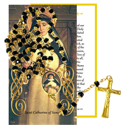 Catherine of Siena Patron of Italy Handcrafted rosary jet black quartz capped beads gold plated findings, crucifix, medal centerpiece with color image and a prayer card IN ENGLISH