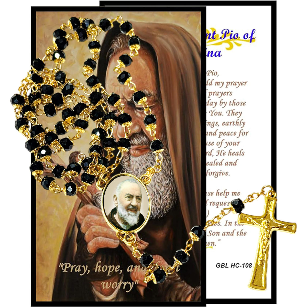 Padre Pio of Pietrelcinia Patron of Healing Handcrafted rosary jet black quartz capped beads gold plated findings, crucifix, medal centerpiece with color image and a prayer card