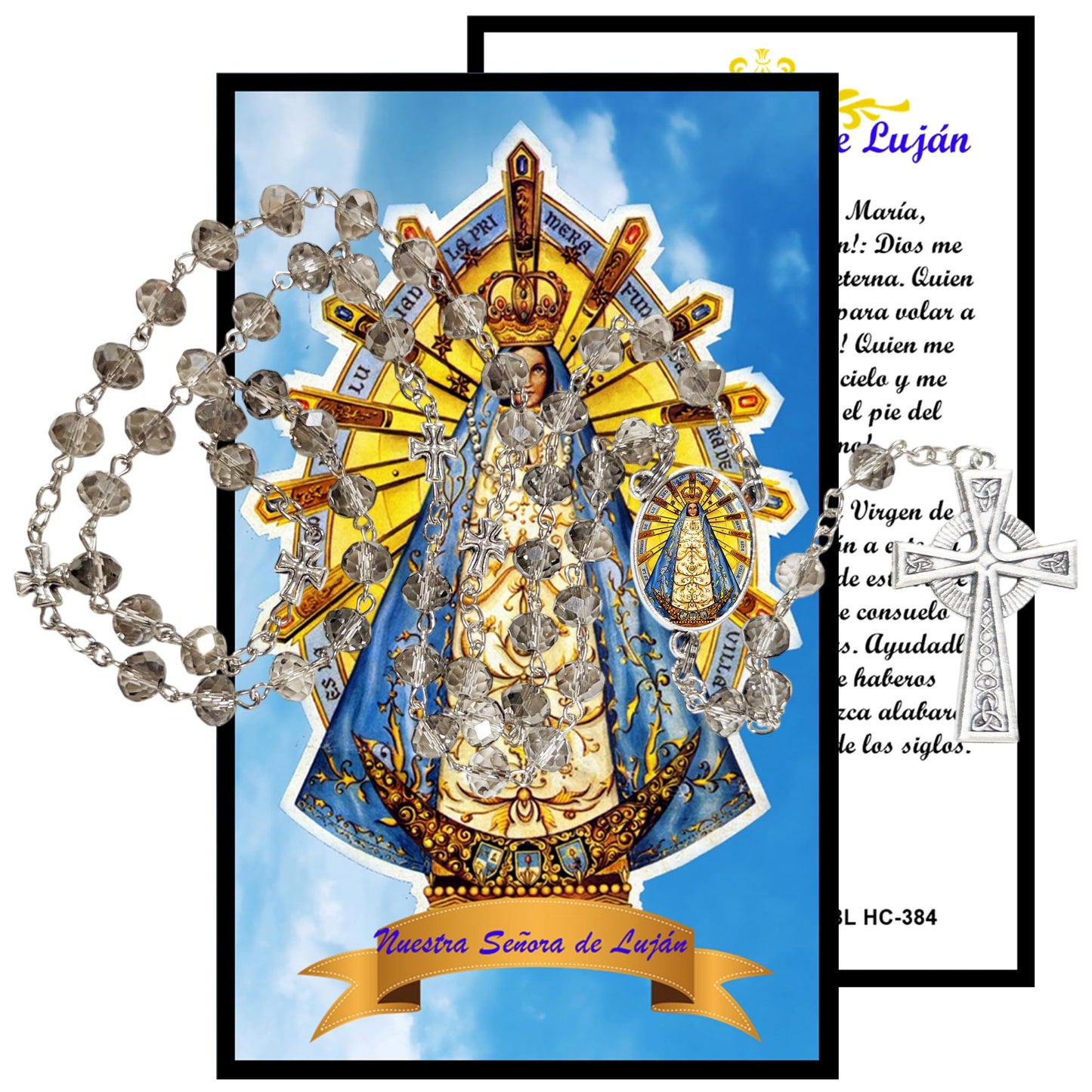 Virgen de Lujan Patrona de Argentina Uruguay y Paraguay Handcrafted Smoke Quartz Crystal Rosary with Silver‑Plated Crucifix and Color Image Centerpiece – Cross Pater Nosters and Prayer Card Included IN SPANISH