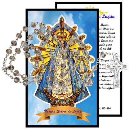 Virgen de Lujan Patrona de Argentina Uruguay y Paraguay Handcrafted Smoke Quartz Crystal Rosary with Silver‑Plated Crucifix and Color Image Centerpiece – Cross Pater Nosters and Prayer Card Included IN SPANISH