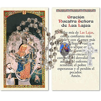 Nuestra Senora de Las Lajas Rosario artesanal de cristal de cuarzo ahumado con crucifijo bañado en plata y centro con imagen a color – crucifijos por Padre Nuestros y postal de rezo EN ESPANOL