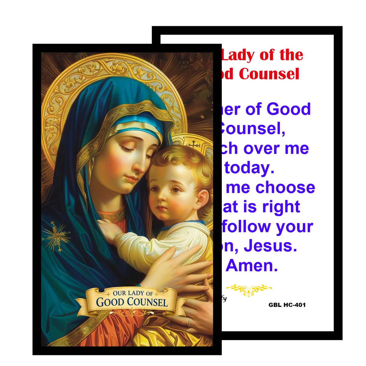 Our Lady of Good Counsel Prayer for Clarity, Wisdom and Direction Handcrafted rosary jet black quartz capped beads gold plated findings, crucifix, medal centerpiece with color image and a prayer card