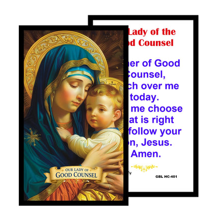 Our Lady of Good Counsel Prayer for Clarity, Wisdom and Direction Handcrafted rosary jet black quartz capped beads gold plated findings, crucifix, medal centerpiece with color image and a prayer card