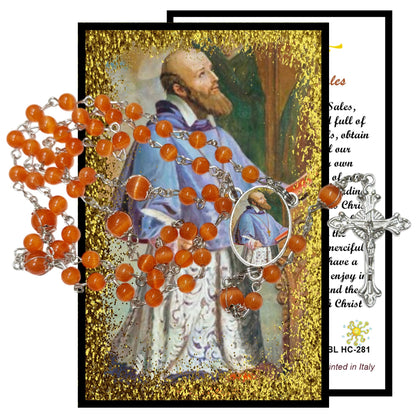 Saint Francis of Sales Patron of the Deaf Handcrafted Mandarin Crystal Beaded Rosary with Silver Plated Findings a Cabochon Bezel Center with Color Image and Silver Capped Pater Noster Beads Includes a Prayer Card IN ENGLISH