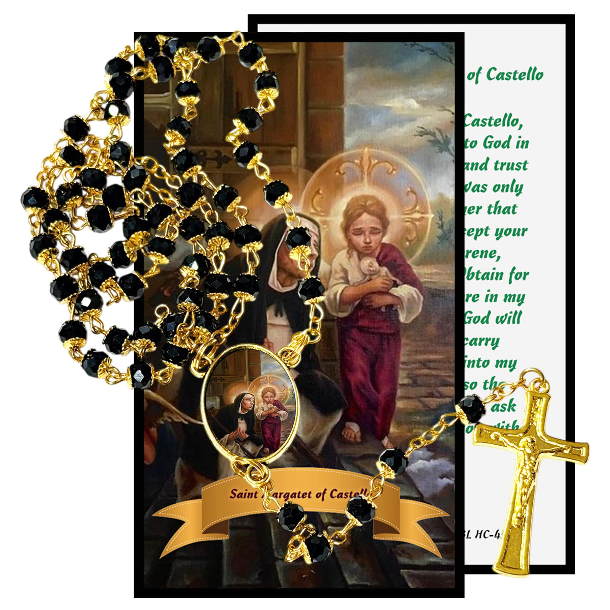 St. Margaret of Castello Patron of the Disabled Unwanted and Marginalized Handcrafted rosary jet black quartz capped beads gold plated findings, crucifix, medal centerpiece with color image and a prayer card