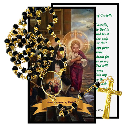 St. Margaret of Castello Patron of the Disabled Unwanted and Marginalized Handcrafted rosary jet black quartz capped beads gold plated findings, crucifix, medal centerpiece with color image and a prayer card