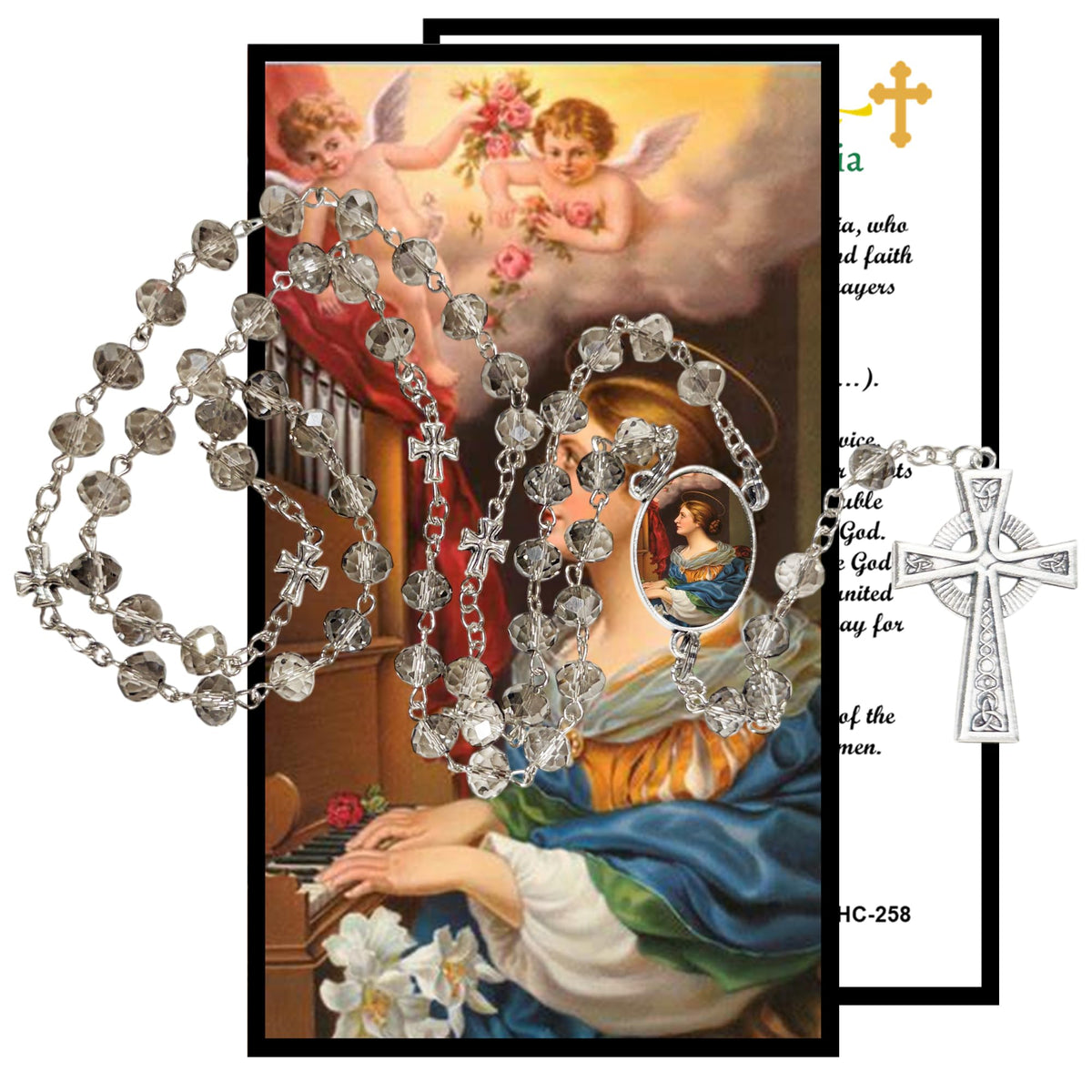 Saint Cecilia Patron of Musicians Handcrafted Smoke Quartz Crystal Rosary with Silver‑Plated Crucifix and Color Image Centerpiece – Cross Pater Nosters and Prayer Card Included