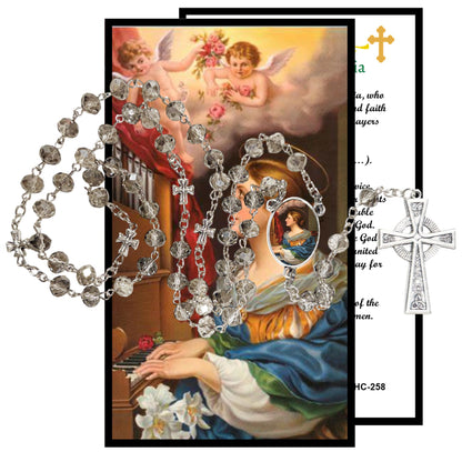 Saint Cecilia Patron of Musicians Handcrafted Smoke Quartz Crystal Rosary with Silver‑Plated Crucifix and Color Image Centerpiece – Cross Pater Nosters and Prayer Card Included