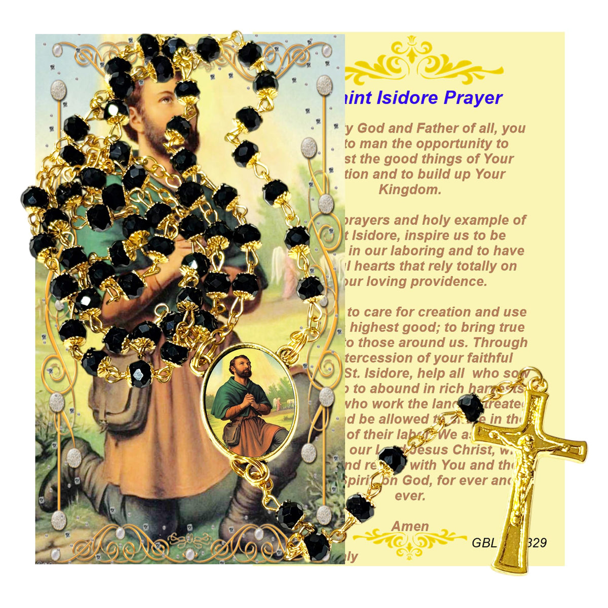Saint Isidore the Laborer Patron of Farmers, Agricultural Workers, and Madrid Handcrafted rosary jet black quartz capped beads gold plated findings, crucifix, medal centerpiece with color image and a prayer card