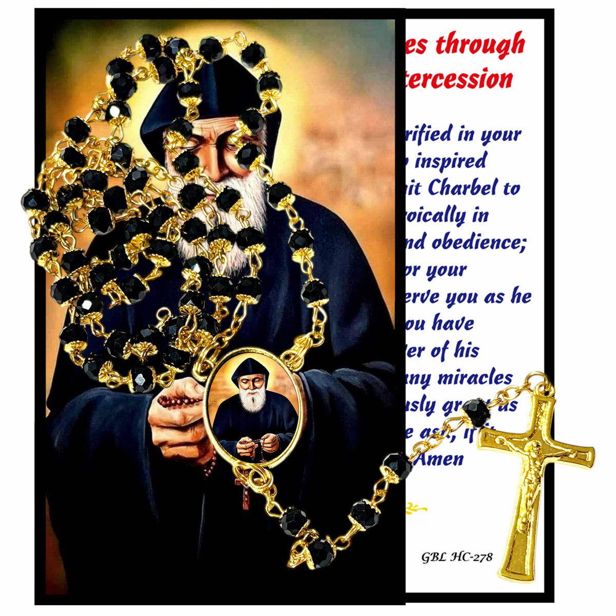 Saint Charbel Makhlouf The Miracle Monk of Lebanon Handcrafted rosary jet black quartz capped beads gold plated findings, crucifix, medal centerpiece with color image and a prayer card IN ENGLISH