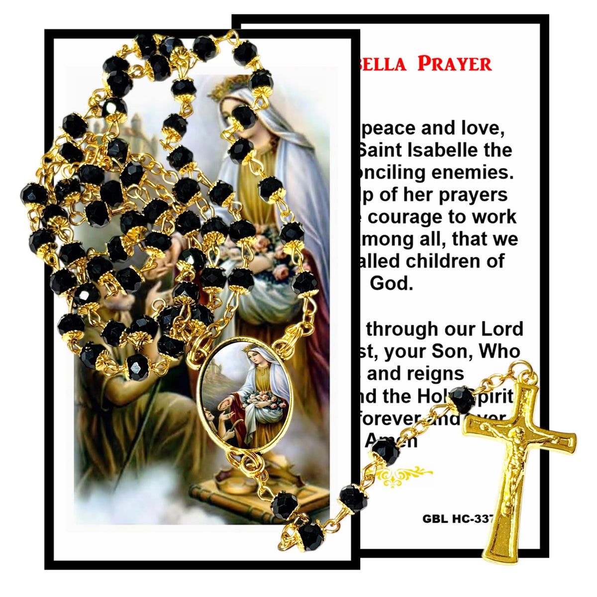 Saint Elizabeth or Isabella of Portugal The Peacemaker Patron of Portugal Handcrafted rosary jet black quartz capped beads gold plated findings, crucifix, medal centerpiece with color image and a prayer card