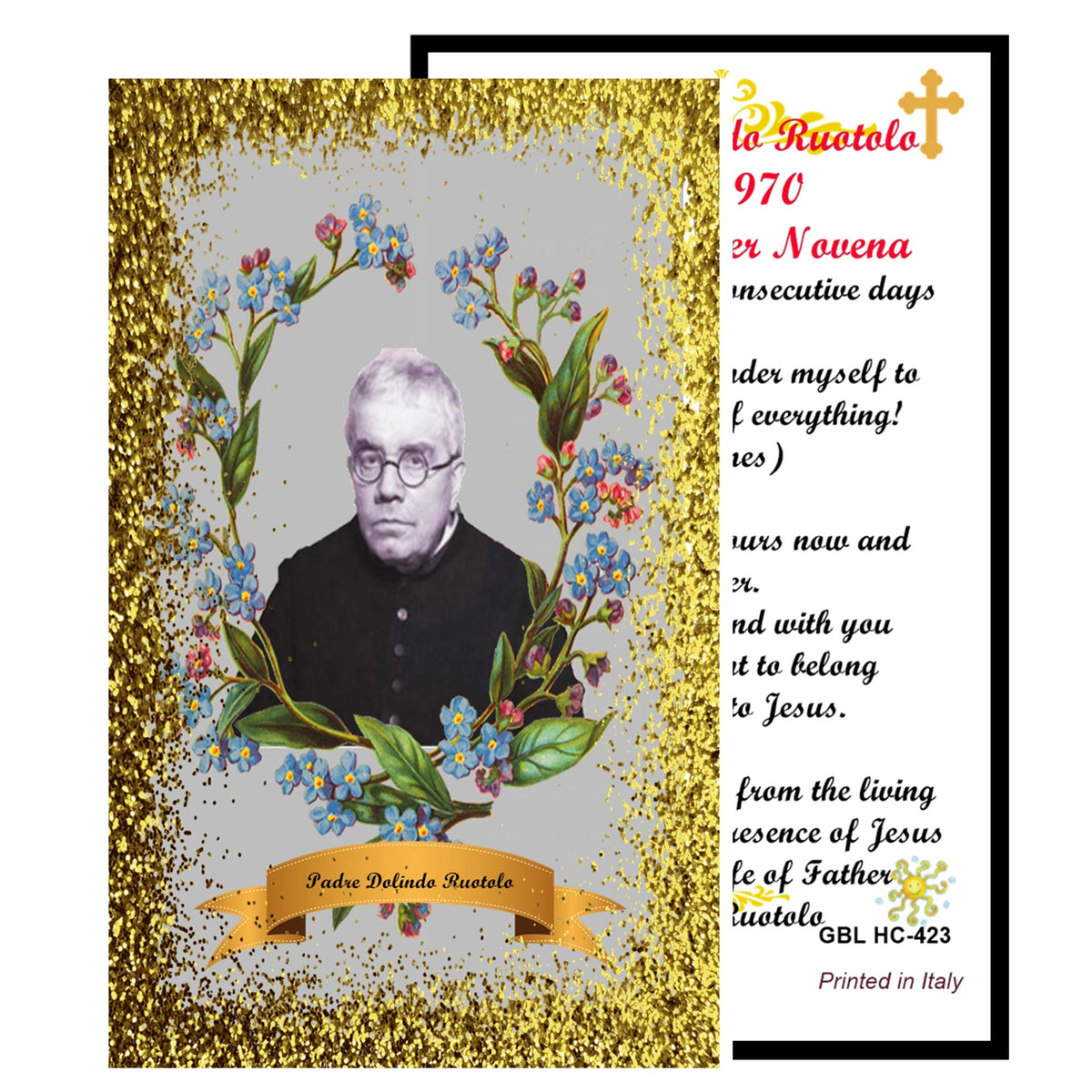 Servant of God Dolindo Ruotolo Apostle of Naples Handcrafted rosary jet black quartz capped beads gold plated findings, crucifix, medal centerpiece with color image and a prayer card