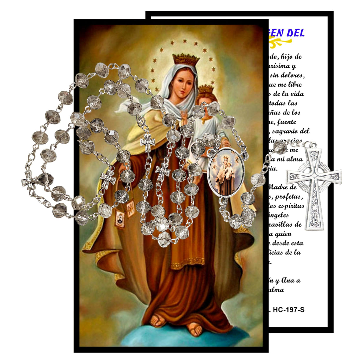 Our Lady of Mount Carmel Virgen del Carmen Handcrafted Smoke Quartz Crystal Rosary with Silver‑Plated Crucifix and Color Image Centerpiece – Cross Pater Nosters and Prayer Card Included