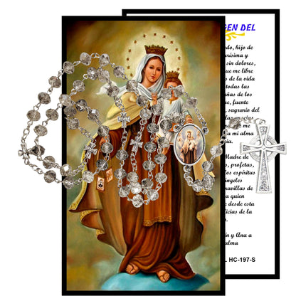 Our Lady of Mount Carmel Virgen del Carmen Handcrafted Smoke Quartz Crystal Rosary with Silver‑Plated Crucifix and Color Image Centerpiece – Cross Pater Nosters and Prayer Card Included