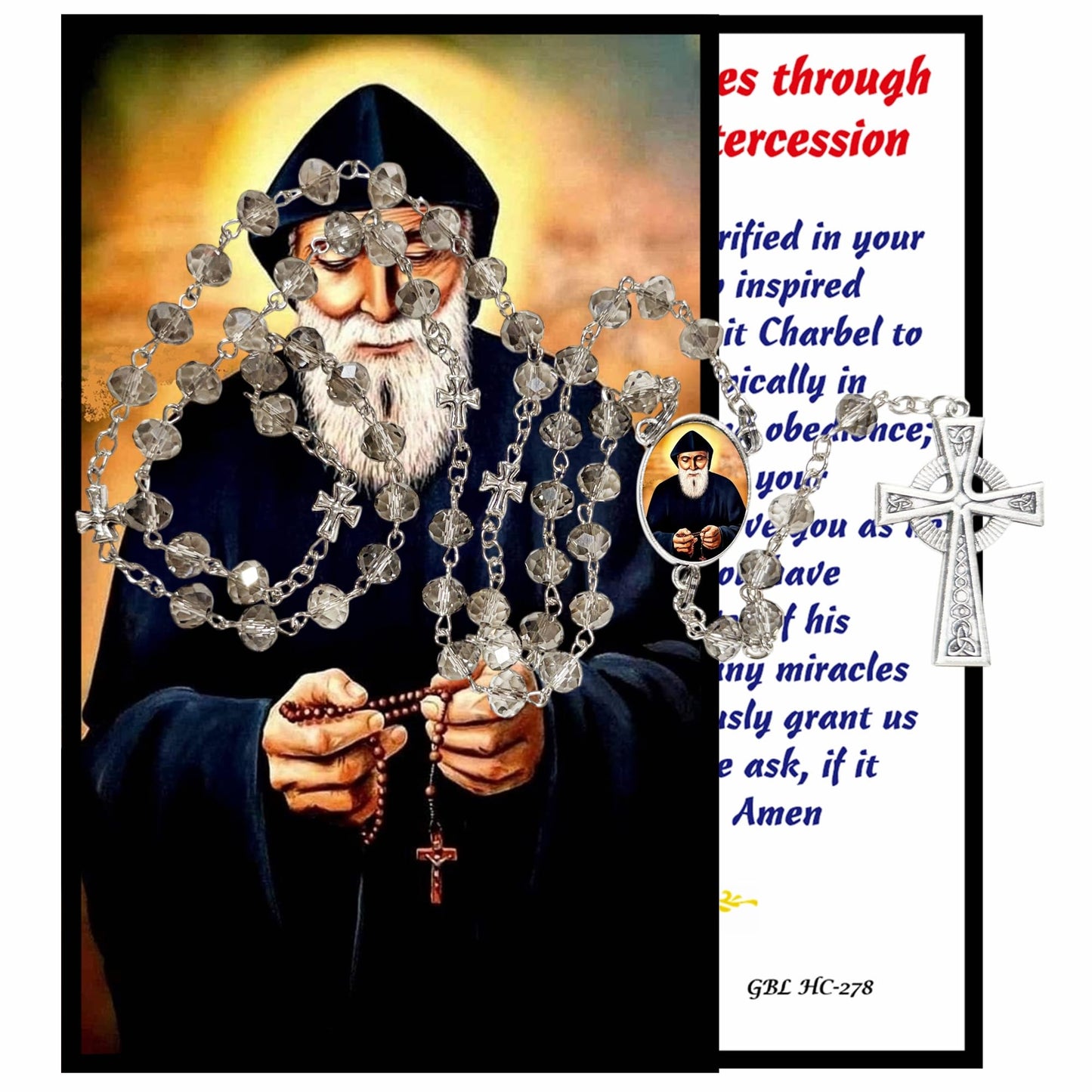 Saint Charbel Makhlouf The Miracle Monk of Lebanon Handcrafted Smoke Quartz Crystal Rosary with Silver‑Plated Crucifix and Color Image Centerpiece – Cross Pater Nosters and Prayer Card Included