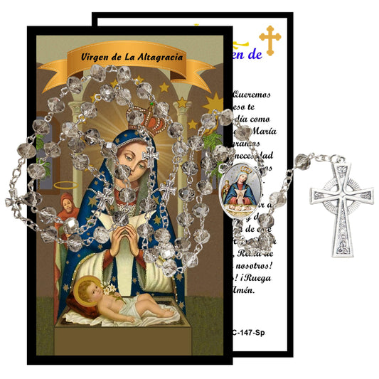 Virgen de Altagracia Patrona de La Republica Dominicana Handcrafted Smoke Quartz Crystal Rosary with Silver‑Plated Crucifix and Color Image Centerpiece – Cross Pater Nosters and Prayer Card IN SPANISH