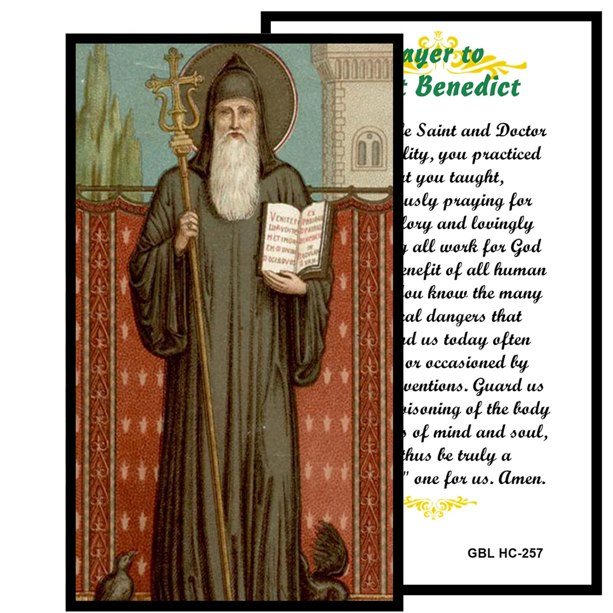 Saint Benedict of Nursia Patron of Europe Handcrafted rosary jet black quartz capped beads gold plated findings, crucifix, medal centerpiece with color image and a prayer card IN ENGLISH