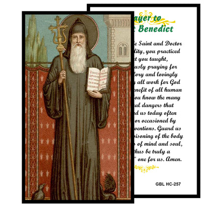 Saint Benedict of Nursia Patron of Europe Handcrafted rosary jet black quartz capped beads gold plated findings, crucifix, medal centerpiece with color image and a prayer card IN ENGLISH