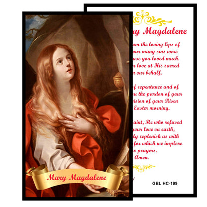 Mary Magdalene Patron Saint of Women Handcrafted rosary jet black quartz capped beads gold plated findings, crucifix, medal centerpiece with color image and a prayer card