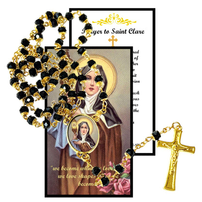 Saint Clare of Assisi Patron of eye disorders, embroiderer Handcrafted rosary jet black quartz capped beads gold plated findings, crucifix, medal centerpiece with color image and a prayer card