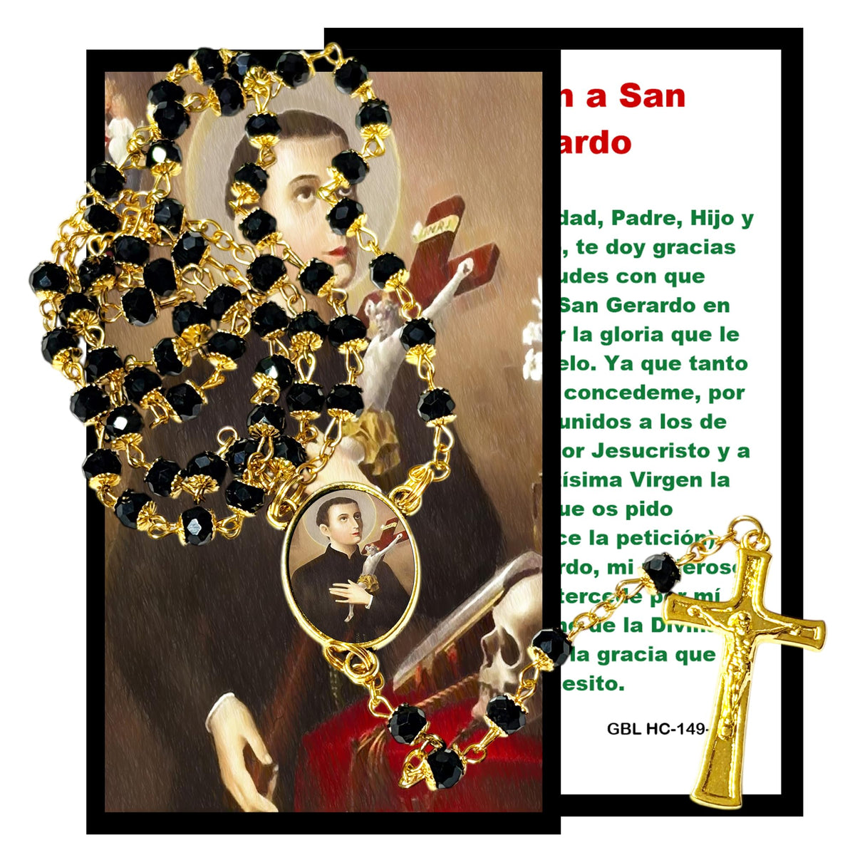 Saint Gerard Majella Patron of Motherhood and Safe Delivery Handcrafted rosary jet black quartz capped beads gold plated findings, crucifix, medal centerpiece with color image and a prayer card