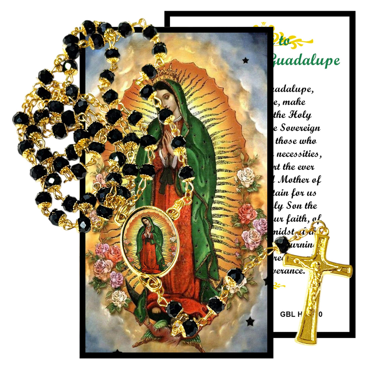 Our Lady of Guadalupe Patron of the Americas Handcrafted rosary jet black quartz capped beads gold plated findings, crucifix, medal centerpiece with color image and a prayer card