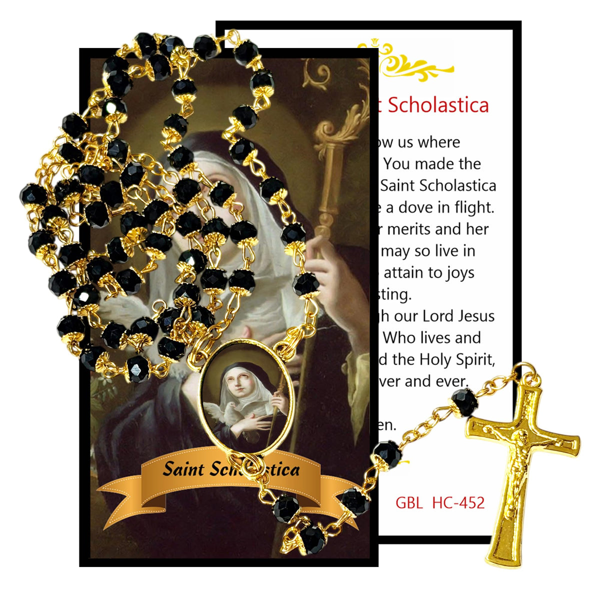 Saint Scholastica Founder of Benedictine Nuns Patroness of Convulsive Children Handcrafted rosary jet black quartz capped beads gold plated findings, crucifix, medal centerpiece with color image and a prayer card