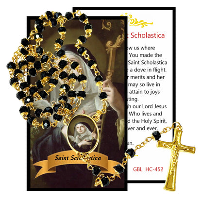 Saint Scholastica Founder of Benedictine Nuns Patroness of Convulsive Children Handcrafted rosary jet black quartz capped beads gold plated findings, crucifix, medal centerpiece with color image and a prayer card