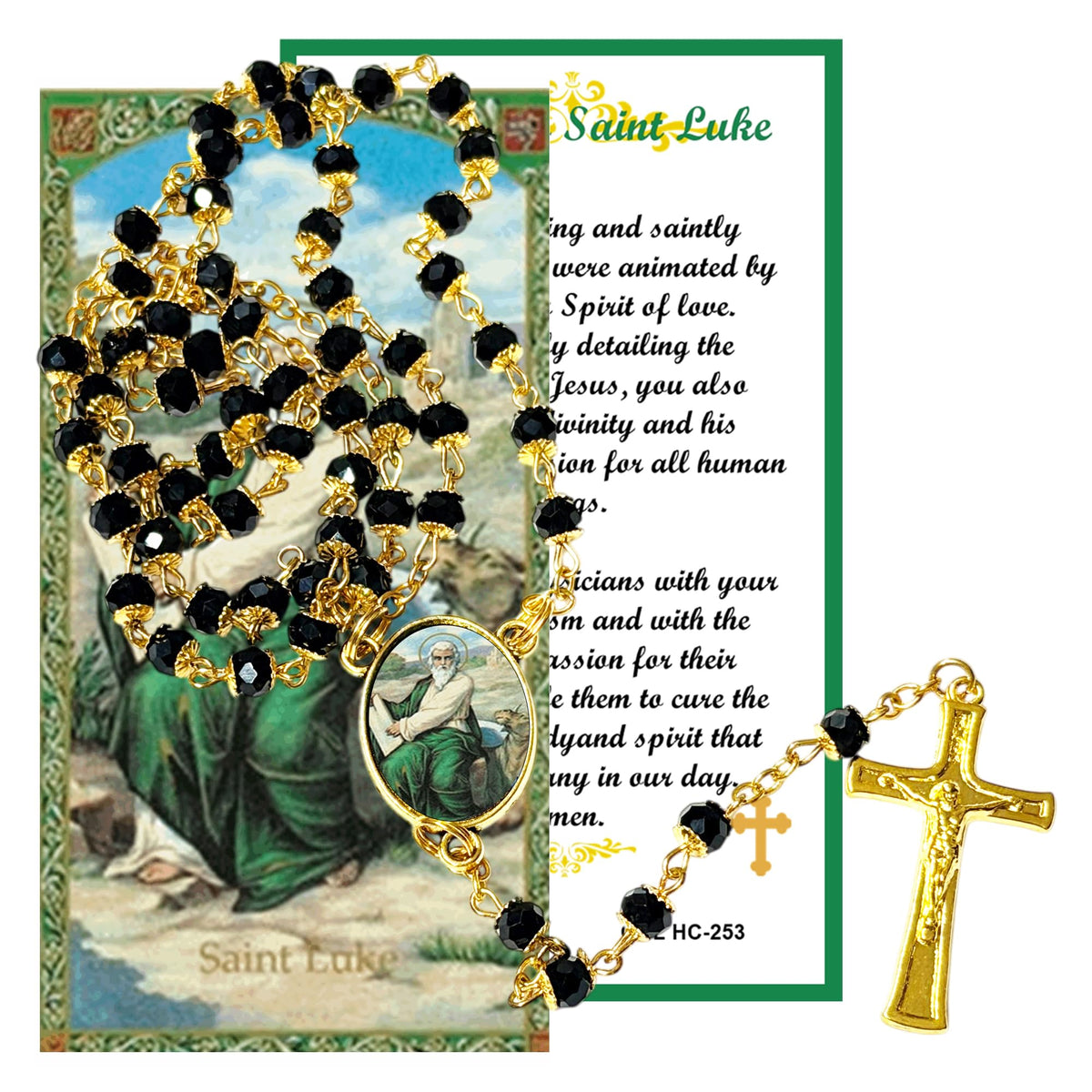 Saint Luke Patron of Physicians Handcrafted rosary jet black quartz capped beads gold plated findings, crucifix, medal centerpiece with color image and a prayer card