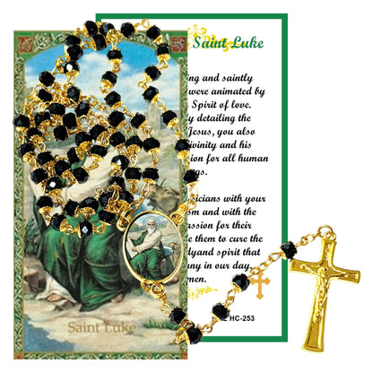 Saint Luke Patron of Physicians Handcrafted rosary jet black quartz capped beads gold plated findings, crucifix, medal centerpiece with color image and a prayer card