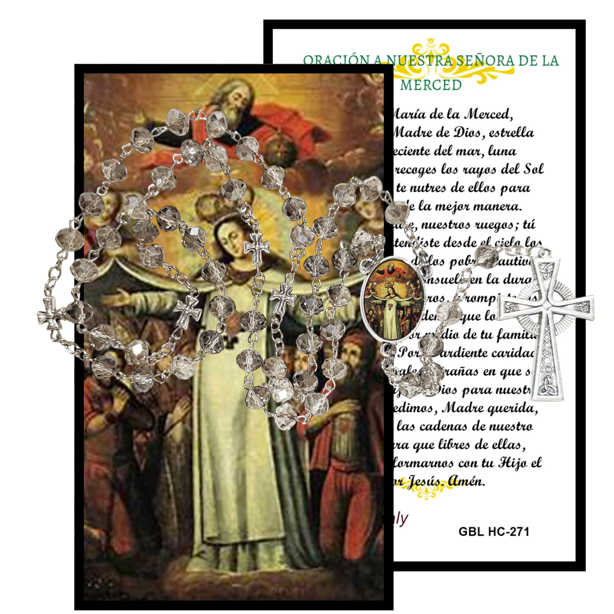 Virgen de la Merced o Mercedes Rosario artesanal de cristal de cuarzo ahumado con crucifijo bañado en plata y centro con imagen a color – crucifijos por Padre Nuestros y postal de rezo EN ESPANOL