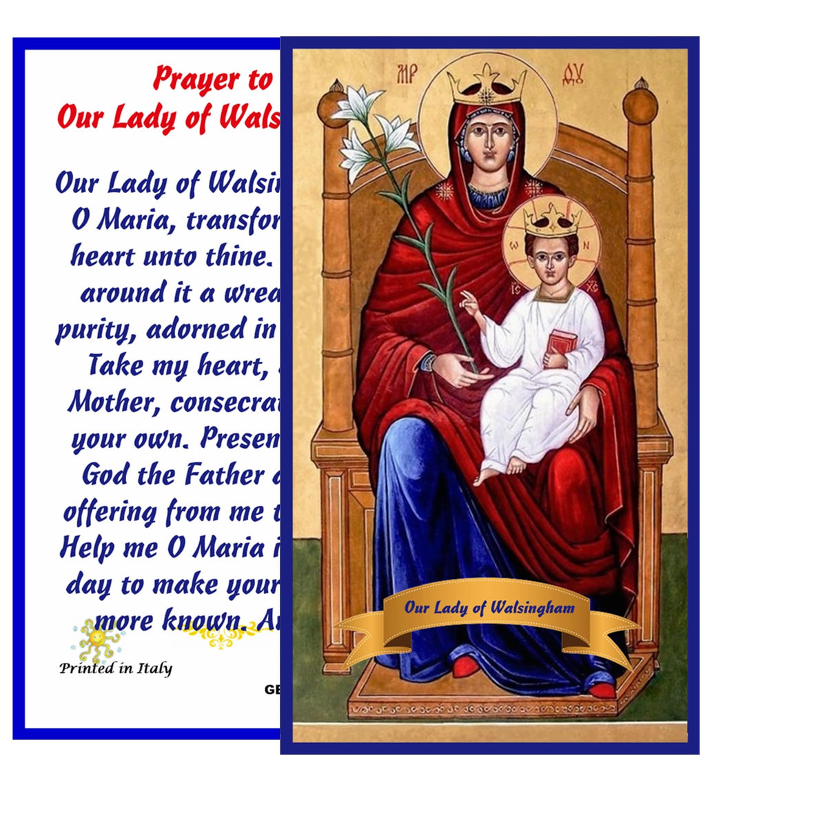 Our Lady of Walsingham Patron of English Catholics Handcrafted rosary jet black quartz capped beads gold plated findings, crucifix, medal centerpiece with color image and a prayer card