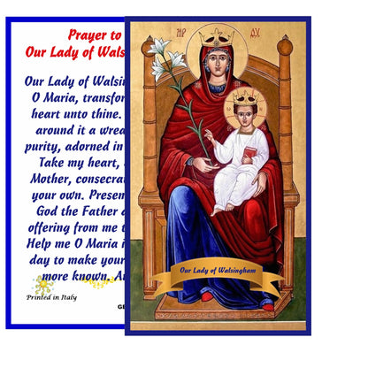 Our Lady of Walsingham Patron of English Catholics Handcrafted rosary jet black quartz capped beads gold plated findings, crucifix, medal centerpiece with color image and a prayer card