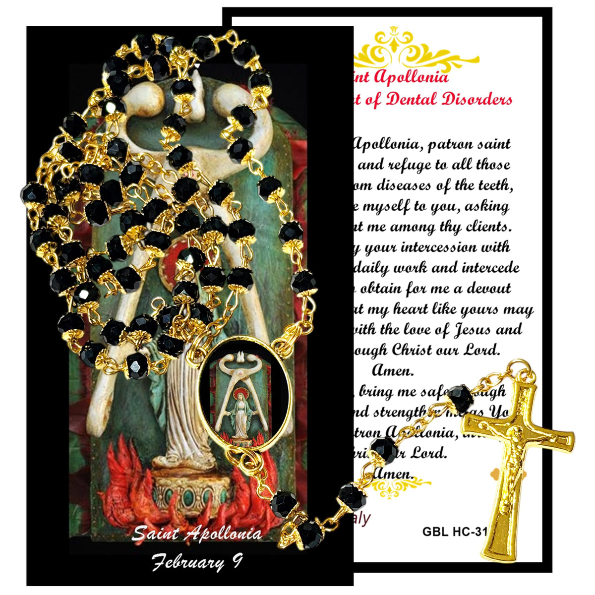 Saint Apollonia Patron of Dentists and Those with Oral Disease Handcrafted rosary jet black quartz capped beads gold plated findings, crucifix, medal centerpiece with color image and a prayer card IN ENGLISH
