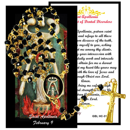 Saint Apollonia Patron of Dentists and Those with Oral Disease Handcrafted rosary jet black quartz capped beads gold plated findings, crucifix, medal centerpiece with color image and a prayer card IN ENGLISH