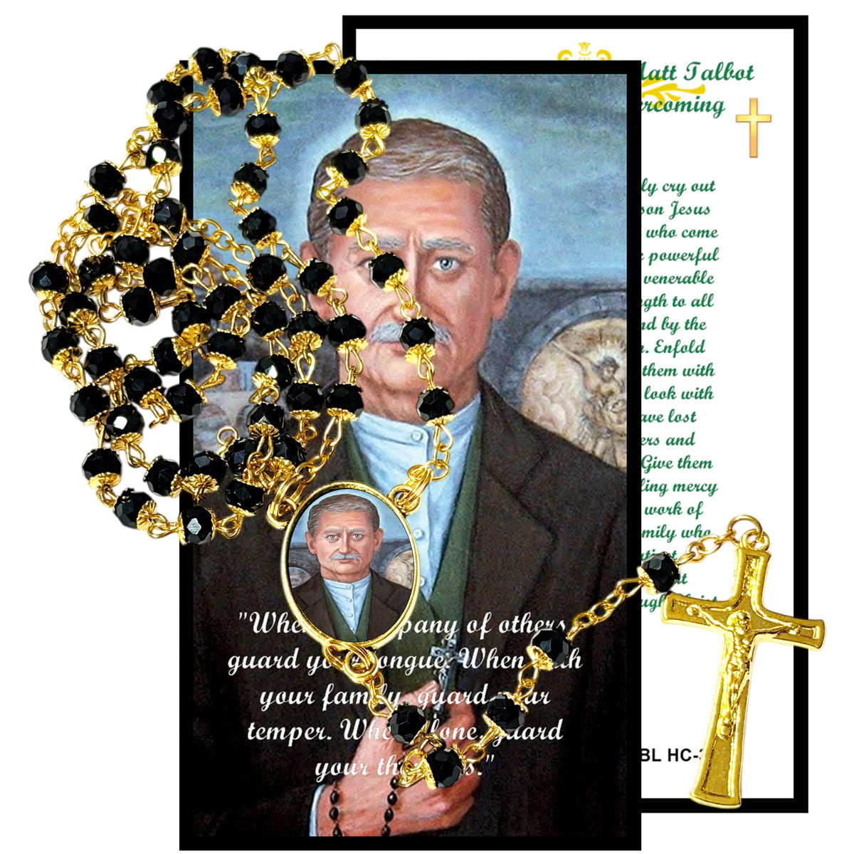 Venerable Matt Talbot Patron of Those Battling Alcoholism Handcrafted rosary jet black quartz capped beads gold plated findings, crucifix, medal centerpiece with color image and a prayer card