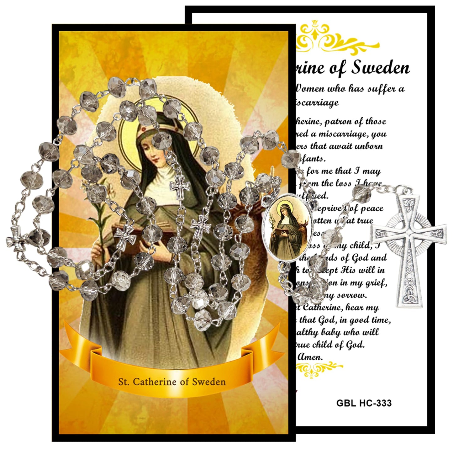Saint Catherine of Sweden Patron of Mothers and Families Handcrafted Smoke Quartz Crystal Rosary with Silver‑Plated Crucifix and Color Image Centerpiece – Cross Pater Nosters and Prayer Card Included