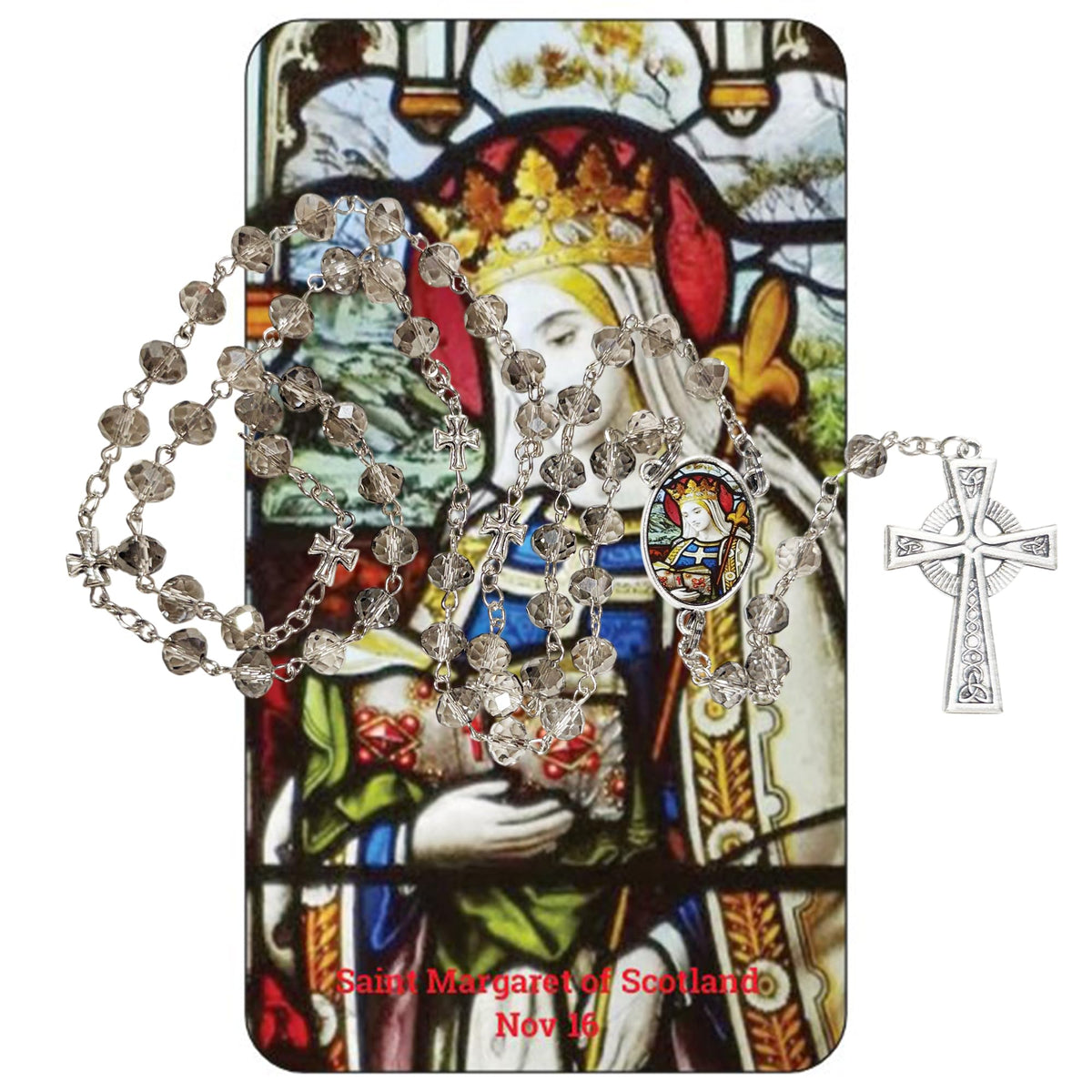 Saint Margaret of Scotland Patron of Scotland Handcrafted Smoke Quartz Crystal Rosary with Silver‑Plated Crucifix and Color Image Centerpiece Cross Pater Nosters and Prayer Card Included