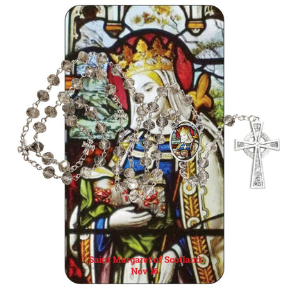 Saint Margaret of Scotland Patron of Scotland Handcrafted Smoke Quartz Crystal Rosary with Silver‑Plated Crucifix and Color Image Centerpiece Cross Pater Nosters and Prayer Card Included