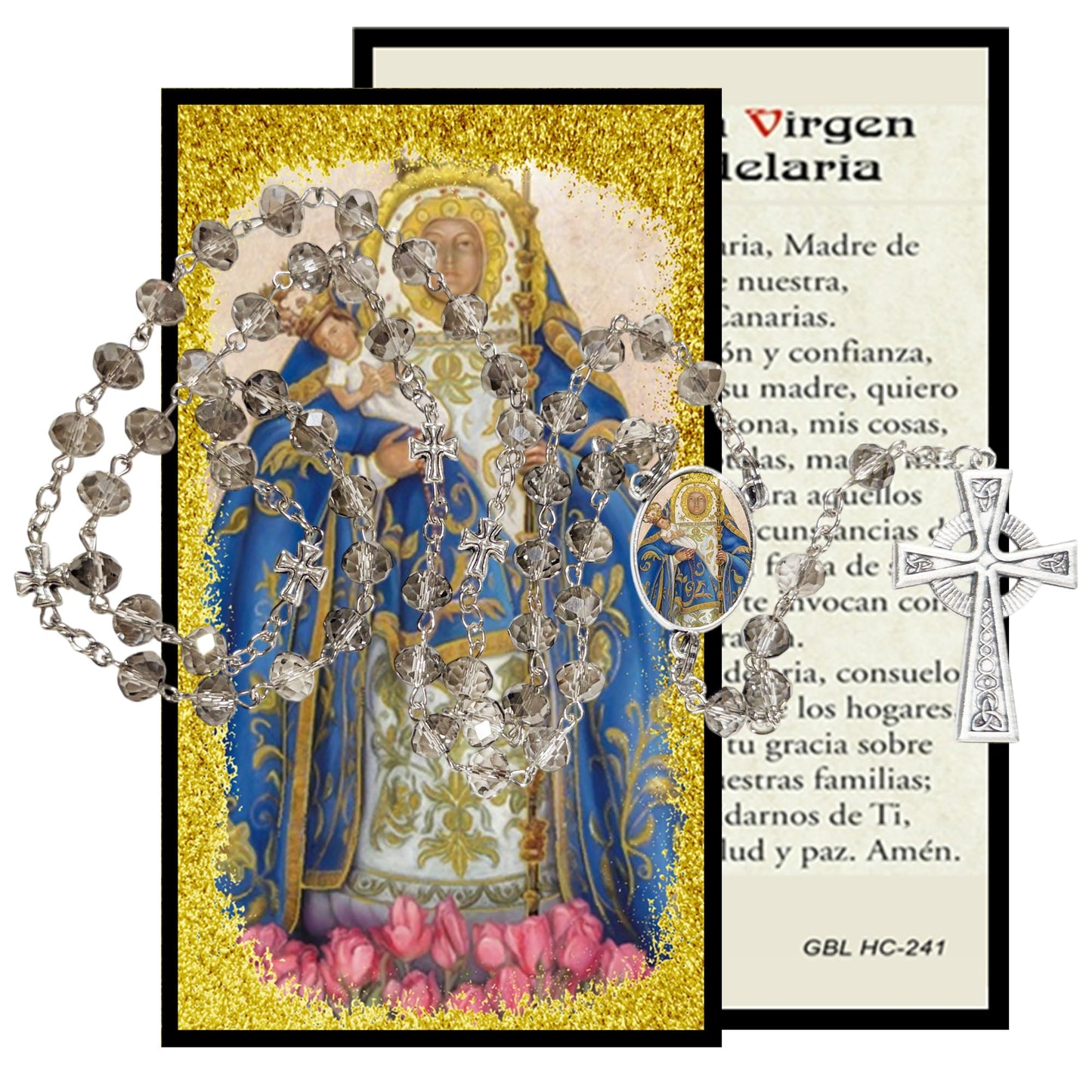 Nuestra Senora de la Candelaria Rosario artesanal de cristal de cuarzo ahumado con crucifijo bañado en plata y centro con imagen a color – crucifijos por Padre Nuestros y postal de rezo EN ESPANOL