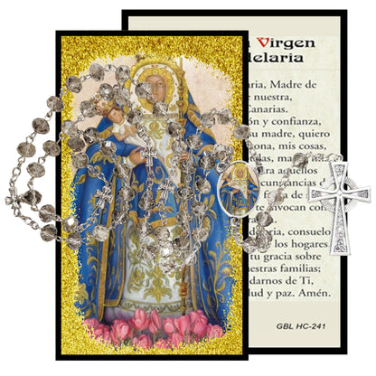 Nuestra Senora de la Candelaria Rosario artesanal de cristal de cuarzo ahumado con crucifijo bañado en plata y centro con imagen a color – crucifijos por Padre Nuestros y postal de rezo EN ESPANOL