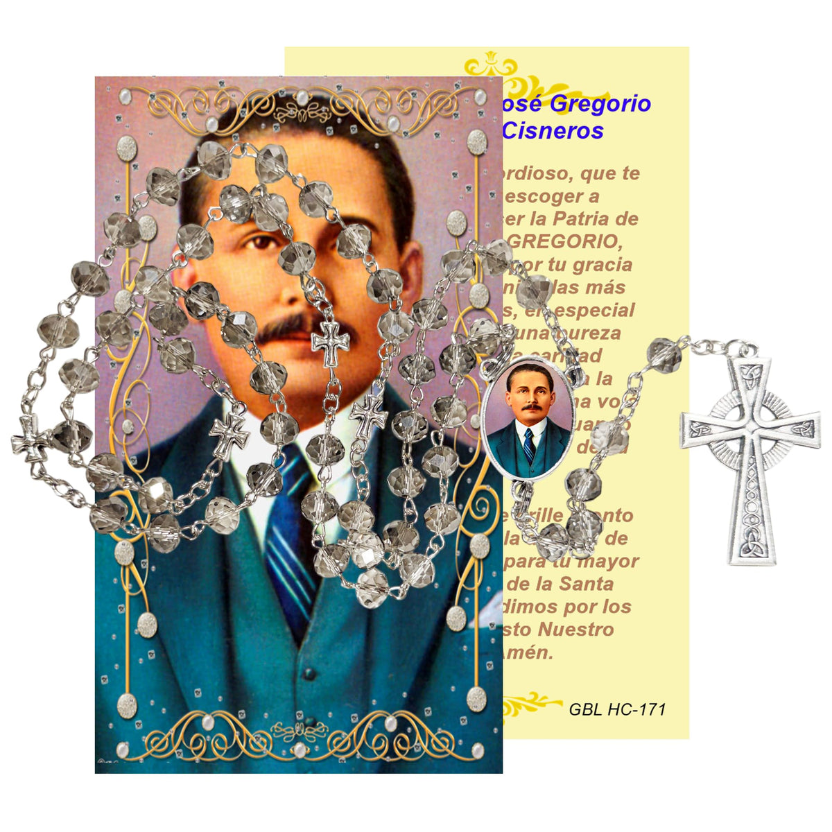 San Jose Gregorio Hernandez Medico Venezolano Handcrafted Smoke Quartz Crystal Rosary with Silver‑Plated Crucifix and Color Image Centerpiece – Cross Pater Nosters and Prayer Card Included IN SPANISH