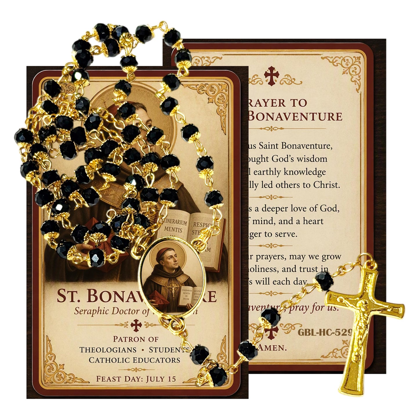 Saint Bonaventure Patron of Those with Intestinal Disorder Handcrafted rosary jet black quartz capped beads gold plated findings, crucifix, medal centerpiece with color image and a prayer card IN ENGLISH