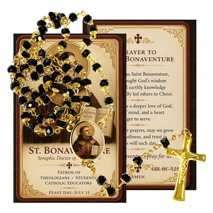 Saint Bonaventure Patron of Those with Intestinal Disorder Handcrafted rosary jet black quartz capped beads gold plated findings, crucifix, medal centerpiece with color image and a prayer card IN ENGLISH