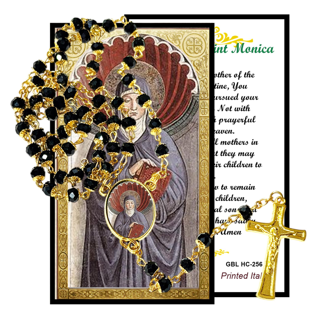 Saint Monica Patron of Wives and Abused Women Handcrafted rosary jet black quartz capped beads gold plated findings, crucifix, medal centerpiece with color image and a prayer card