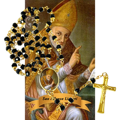Saint Alphonsus Liguori Patron of Arthritis Sufferers and Lawyers Handcrafted rosary jet black quartz capped beads gold plated findings, crucifix, medal centerpiece with color image and a prayer card