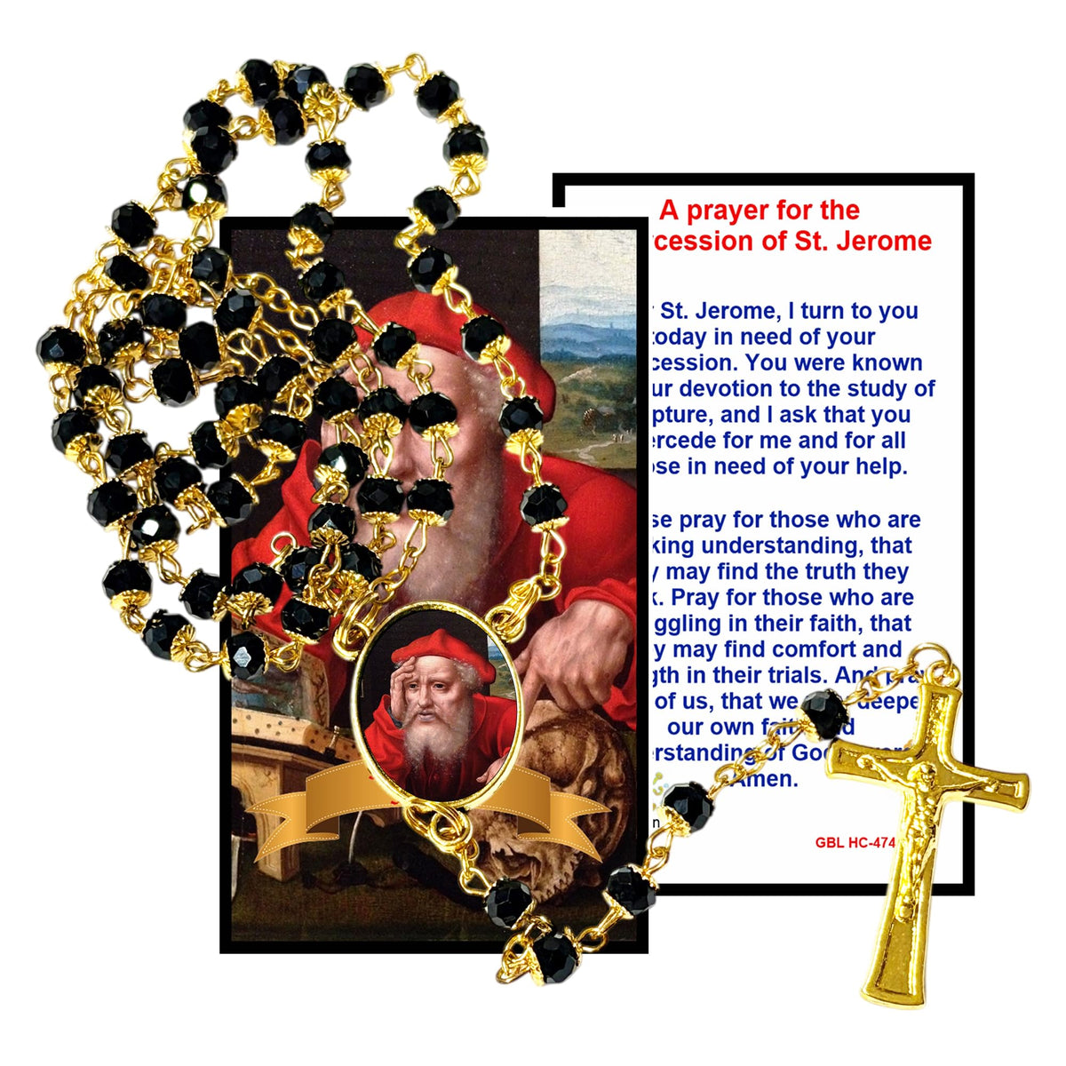 Saint Jerome Patron of librarians, translators, and archaeologists Handcrafted rosary jet black quartz capped beads gold plated findings, crucifix, medal centerpiece with color image and a prayer card