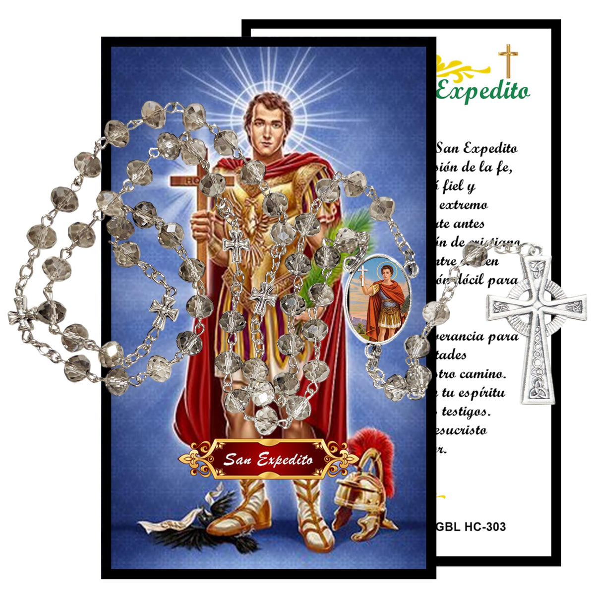 San Expedito Patron de Asuntos Urgentes Handcrafted Smoke Quartz Crystal Rosary with Silver‑Plated Crucifix and Color Image Centerpiece – Cross Pater Nosters and Prayer Card Included IN SPANISH