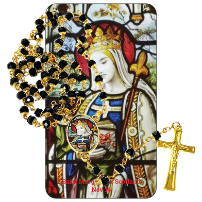 Saint Margaret of Scotland Patron of Scotland Handcrafted rosary jet black quartz capped beads gold plated findings, crucifix, medal centerpiece with color image and a prayer card